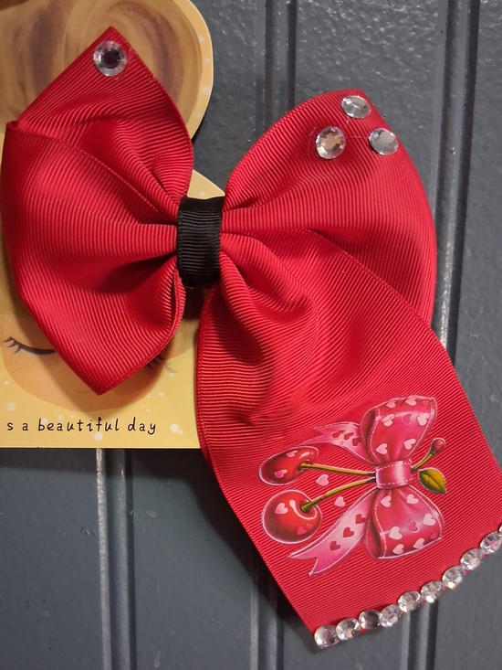 Other - Red Bow Hair Clip with Rhinestones - Kids Accessories (Handmade)